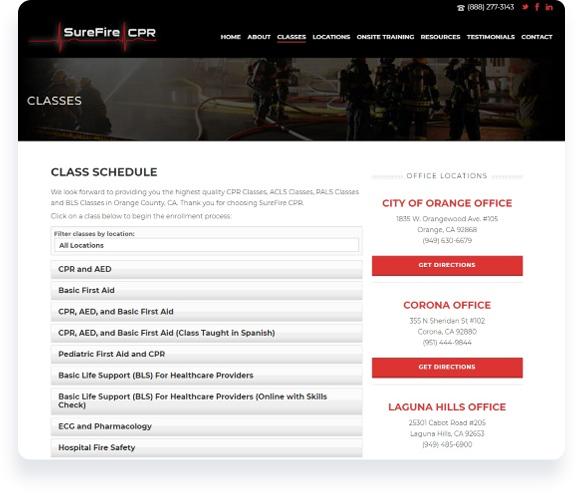 Screen showing a website with class schedule and registration software for CPR