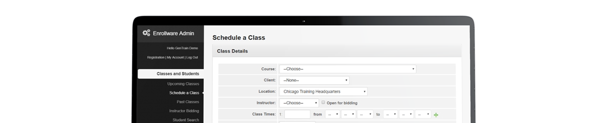 Laptop showing screen of Enrollware Admin Class Scheduling Management Software