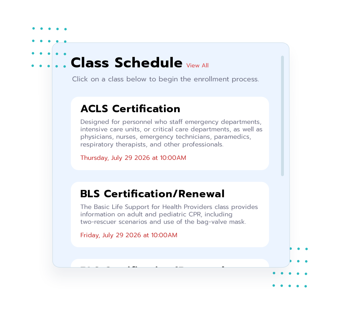 class management schedule and listings with descriptions